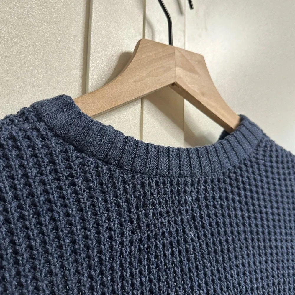 Pact Waffle Knit Sweater Mens S Blue 100% Organic Cotton Crewneck Fisherman Fall